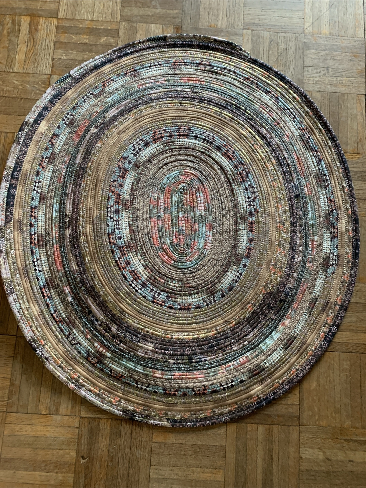 New Handmade Jelly Roll Rug Reversible Tan, Blue, Pink, Brown, Gold 31.5 X 35.5”