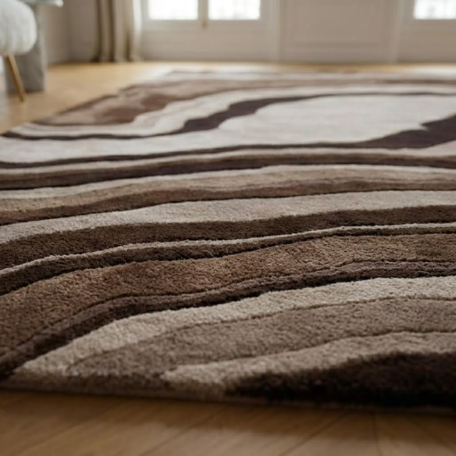 Brown Wavy Rug, Hand Tufted Modern Abstract Wool Rug, Marble Agate Area rug