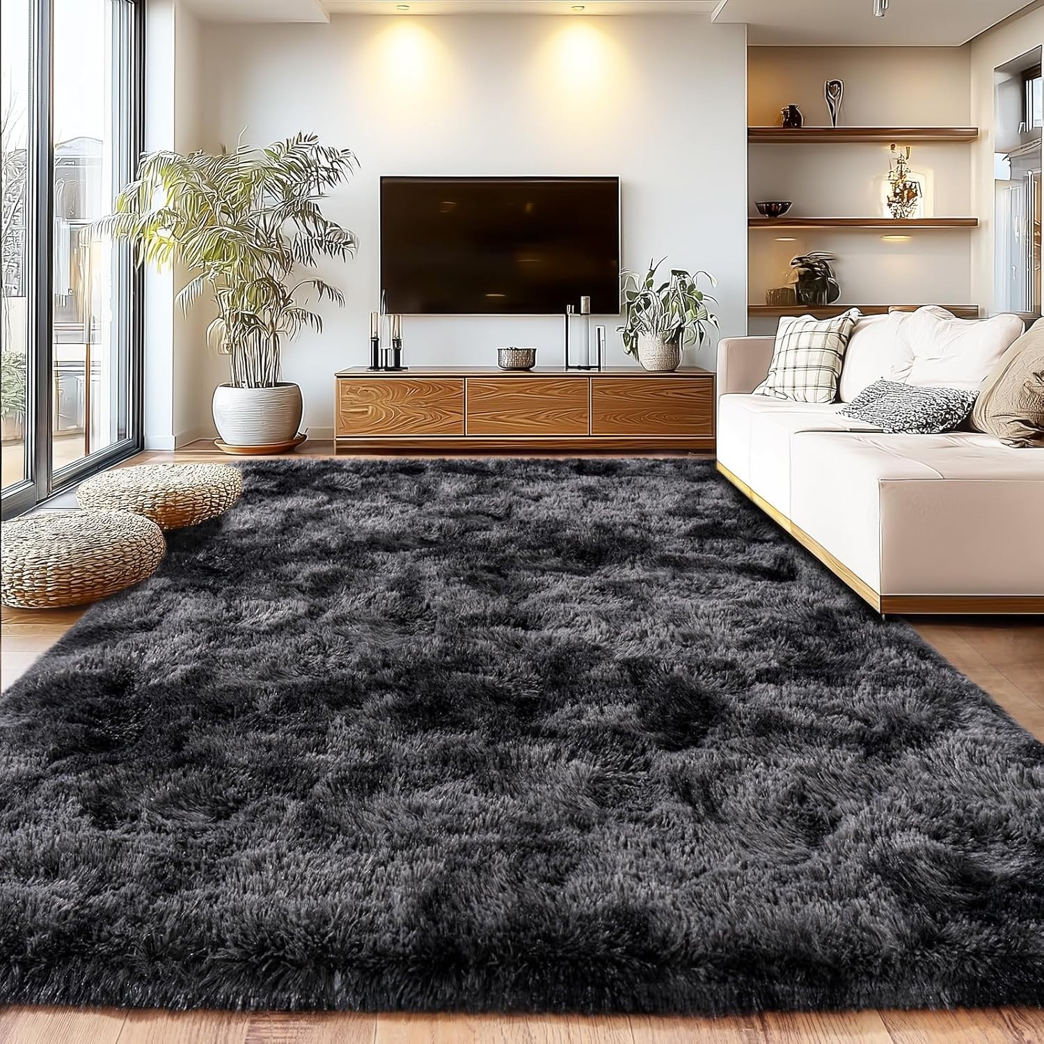 Area Rug Soft Fuzzy Shag Carpet Living Room Bedroom Tie-Dyed Black & Gray 8×10