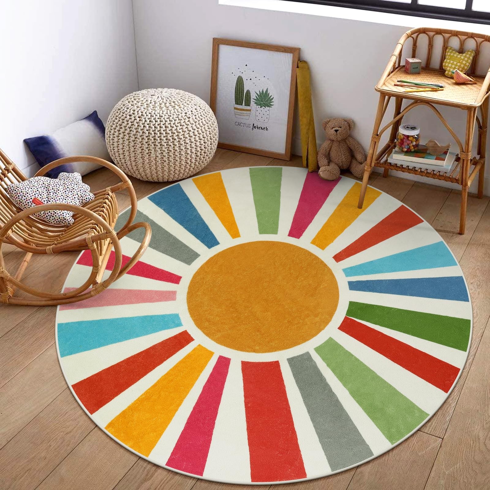 Round Boho Rug 6 Ft Washable Round Area Rug for Playroom, Sunshine Circle Rug…