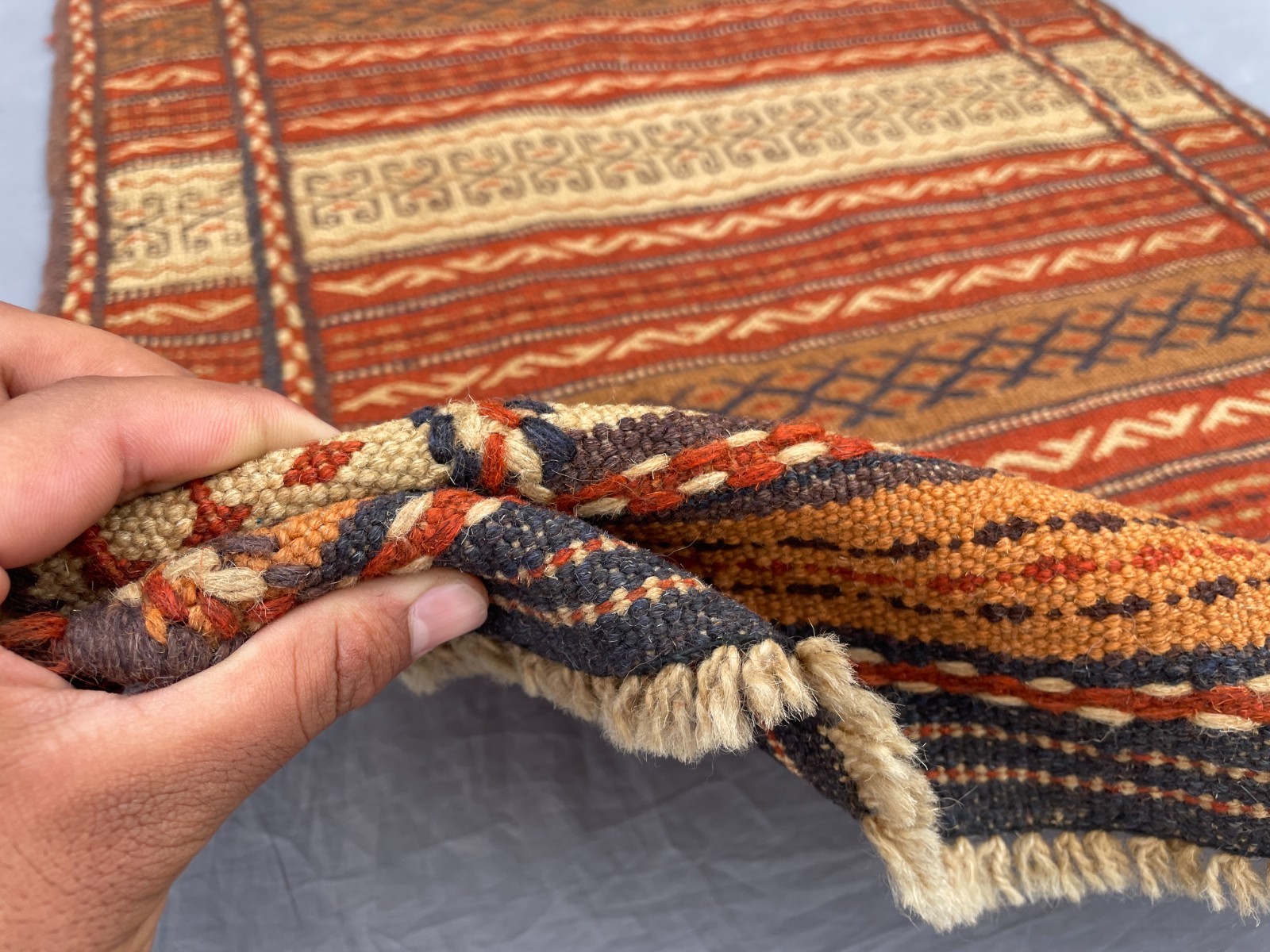 2×3 Handwoven Afghan Kilim Rug Tribal Wool Flatweave with Hooked Motifs N Stripe