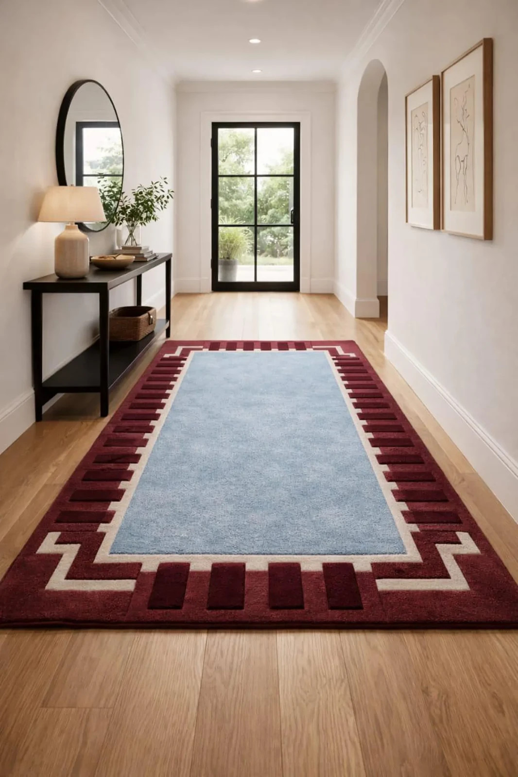 Hand Tufted Wool Area Rug – Sky Blue, Burgundy Geometric Border Design Area Rug.