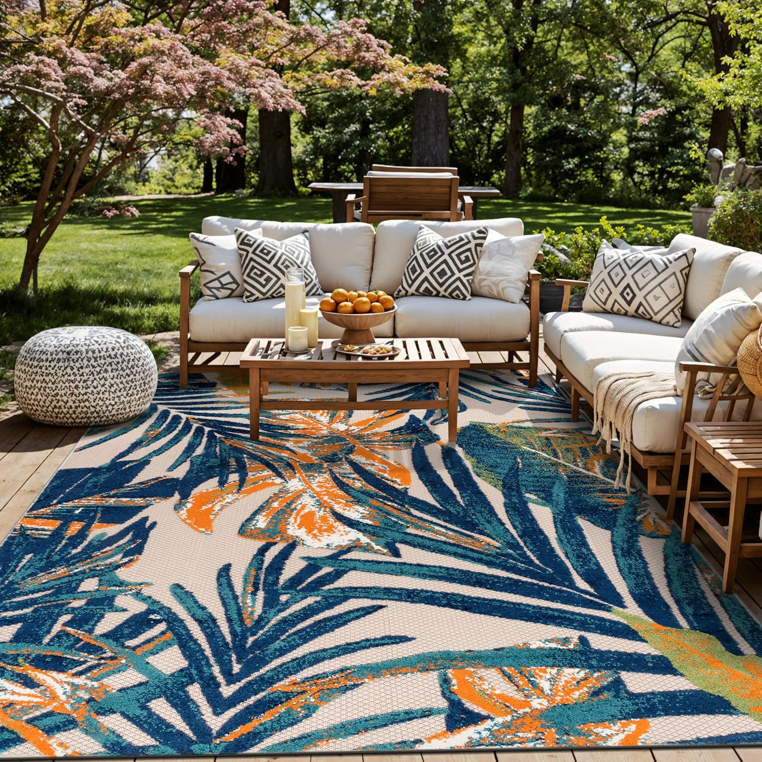 Tropical Floral Indoor/Outdoor Rug – Durable, Easy to Clean, 7’10” x 10