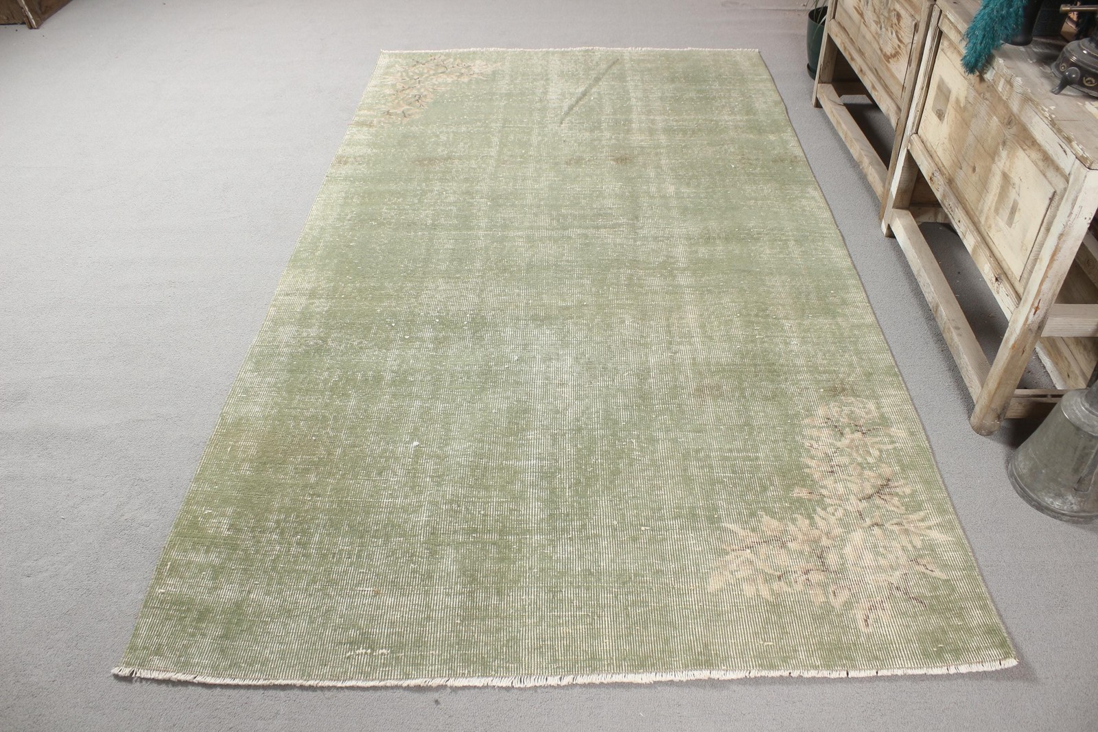 Turkish Vintage Rug 4,8×8,6 ft, Green Moroccan Rug