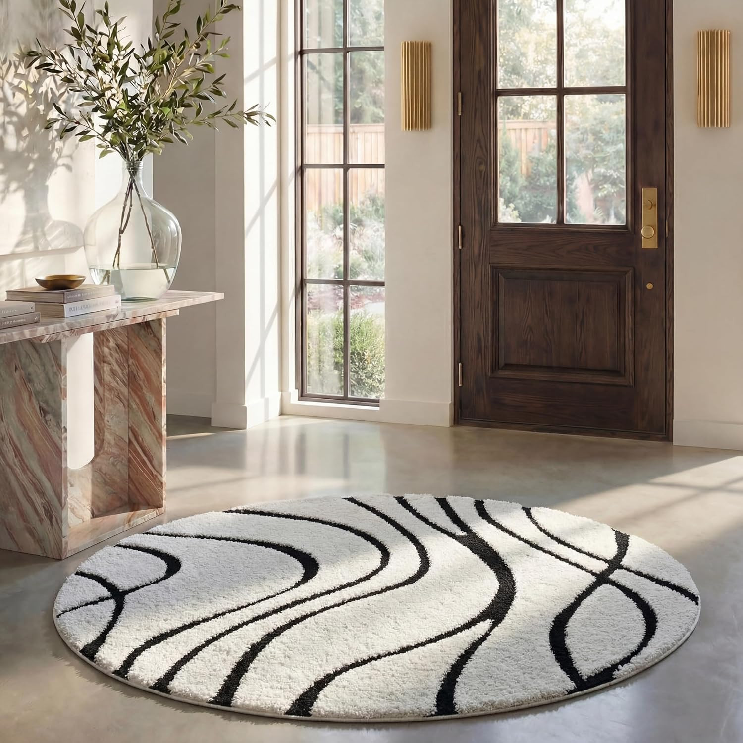 Ivory/Black Abstract Wave 5′ Round Plush Area Rug for Living Room & Bedroom