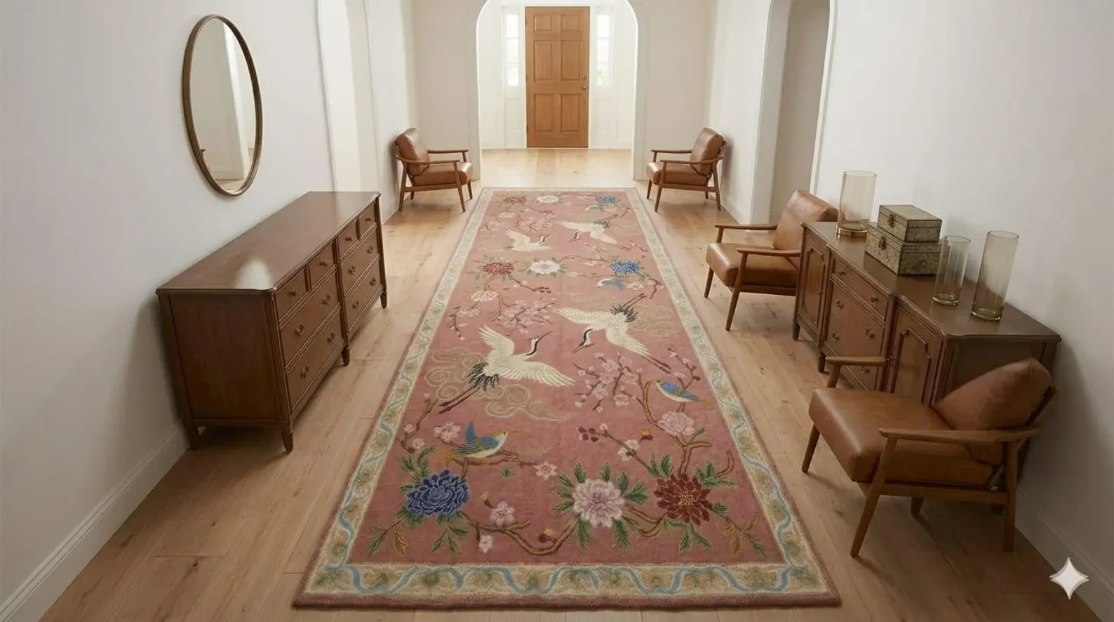 Pink Crane hand Tufted Rug, Chinoiserie Area Rug, Handmade Floral Bird Rug,