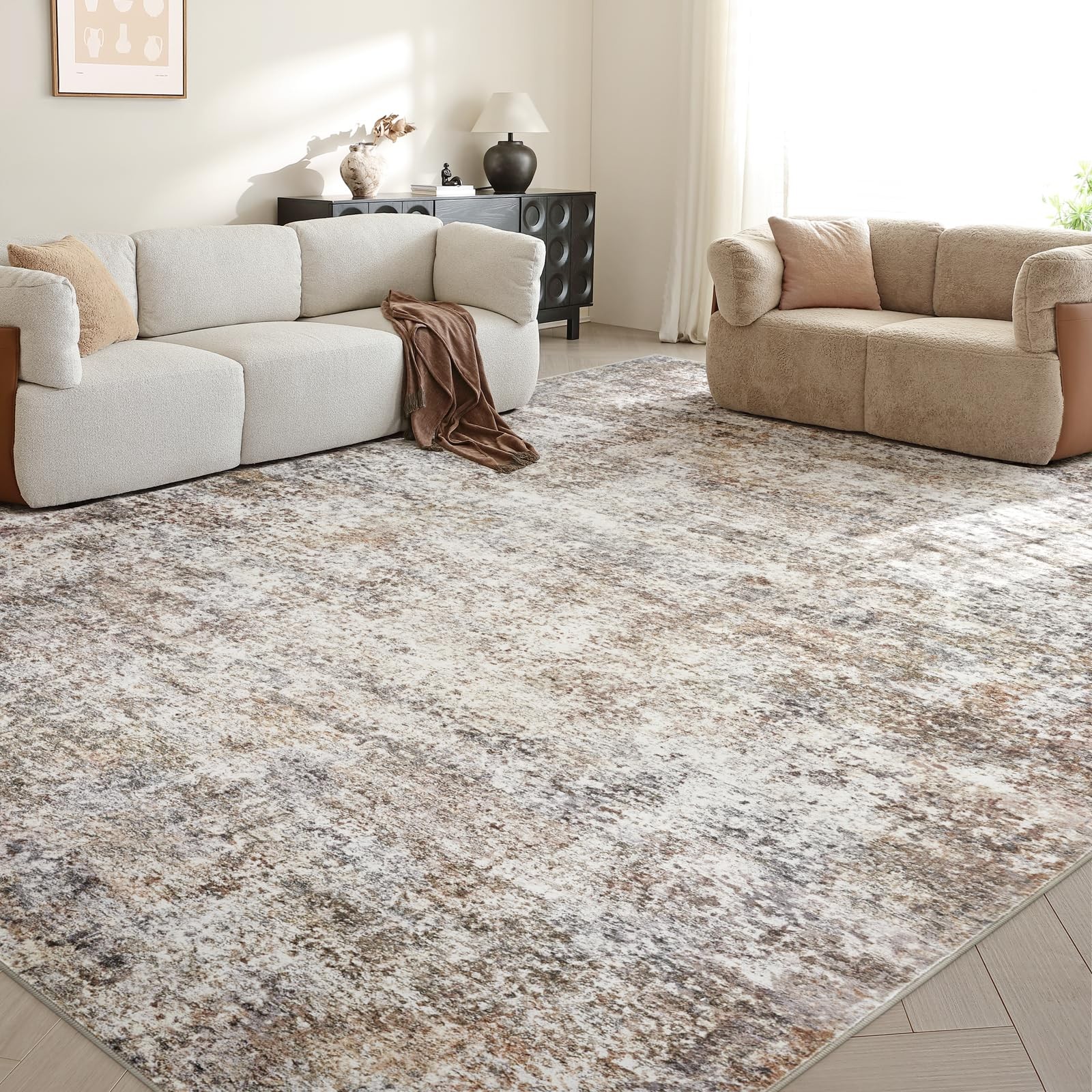 Area Rug 8×10 Washable Low Pile Neutral Abstract – Soft Indoor Living Room