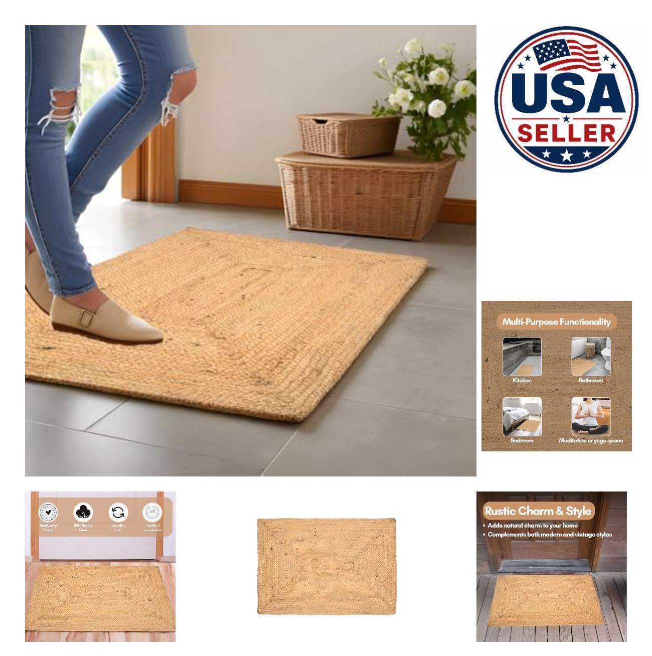 Jute Cotton Rag Rug 2×3 Feet Hand Woven Reversible Braided Area Rug Indoor