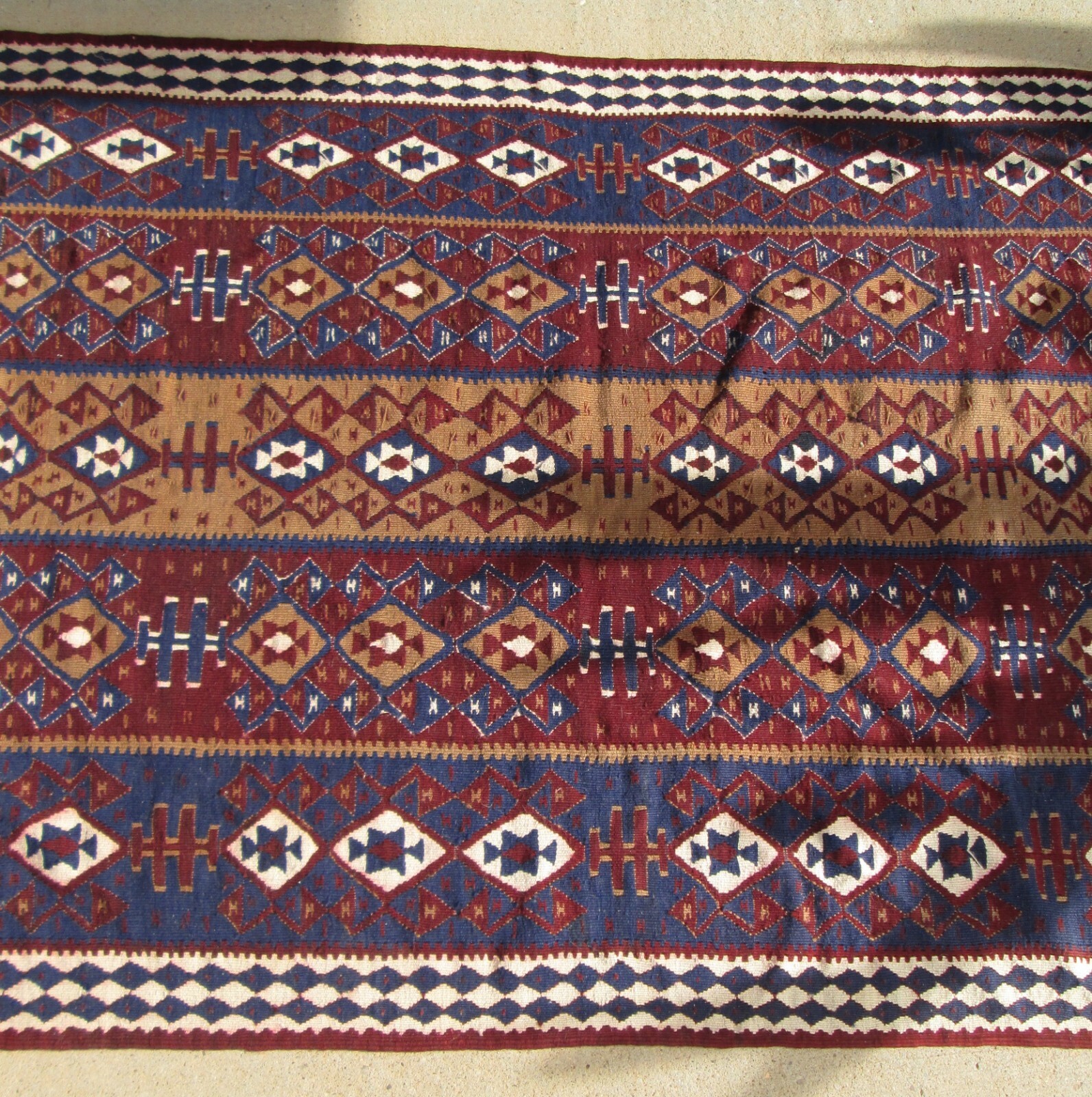 Wool Kilim Rug Flat Weave Red Blue Brown White Geometric Design 95 x 60 inches