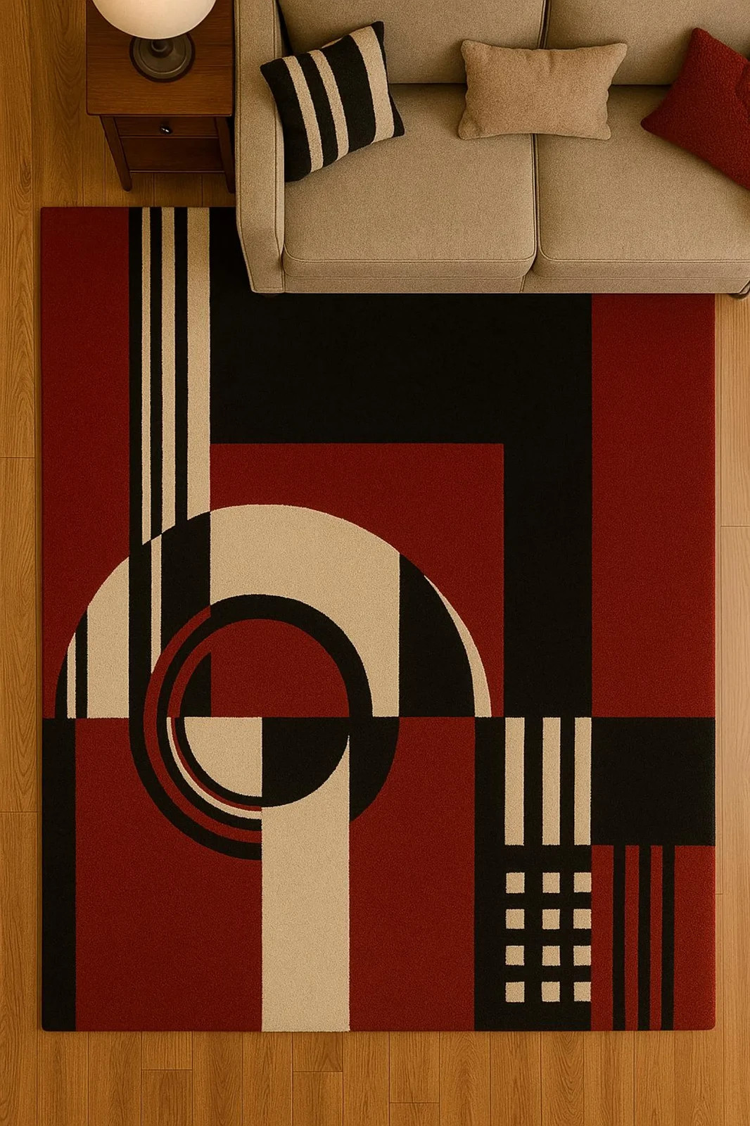 Modern Geometric Hand-Tufted Rug – Red, Black & Cream | Art Deco Style | Premium
