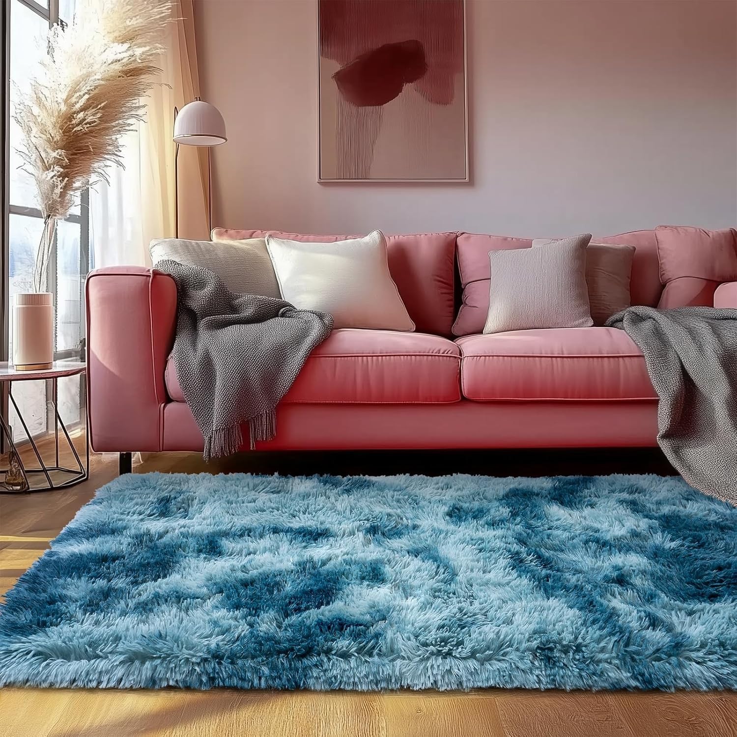 Fluffy Area Rug 8×10 Large Shaggy Soft Tie Dye Blue Mat for Living Bedroom Floor