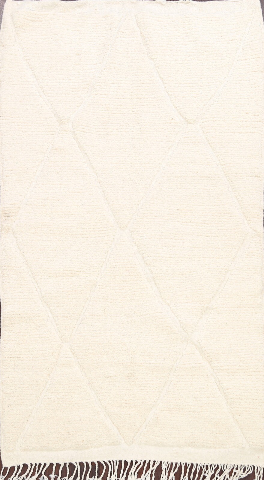 Modern Ivory 4’x6′ Moroccan Berber Oriental Area Rug Hand-knotted Plush Trellis
