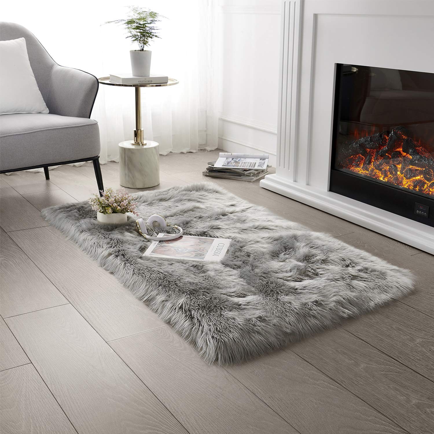 SERISSA Ultra Soft Faux Fur Area Rug Grey Fluffy Rug Plush Chair Cover Seat Pad