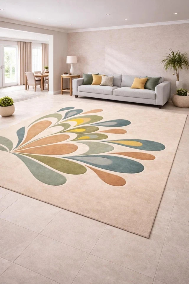 Abstract Floral Hand-Tufted Wool Rug, Beige Green Mustard Living Room Carpet Rug