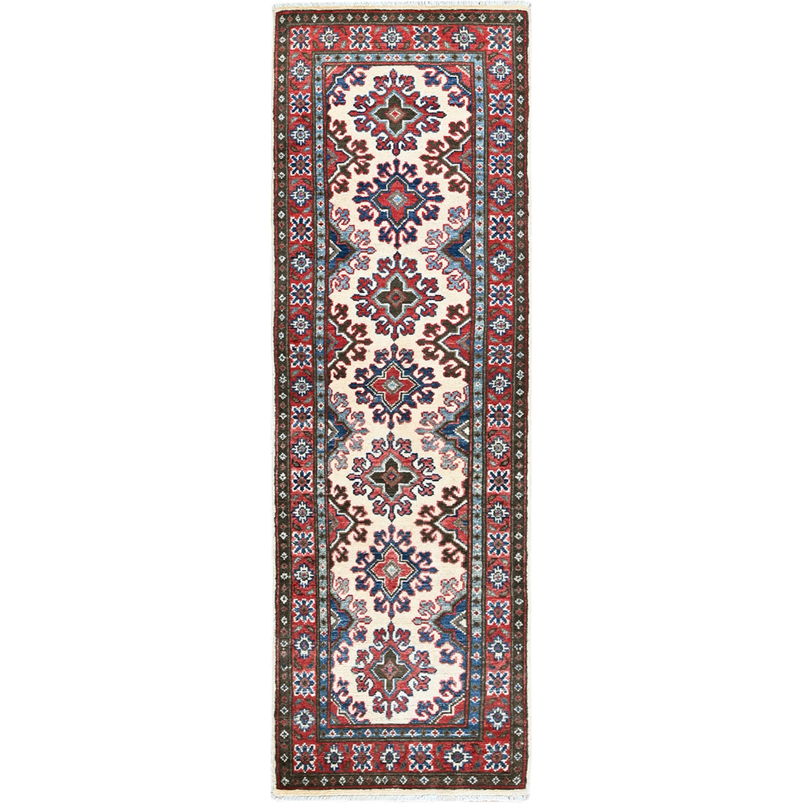 1’10″x6′ Ivory Kazak with Tribal Design Hand Knotted Soft Wool Runner Rug R508