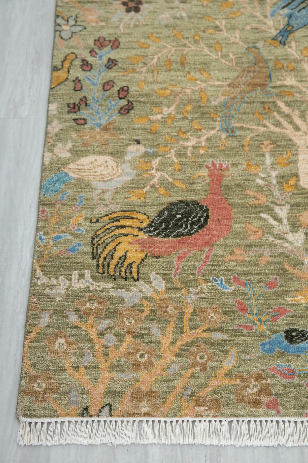 2.6×12 Feet Vintage Style Tribal Bird Motif Hand Made Green Color Woolen Runner