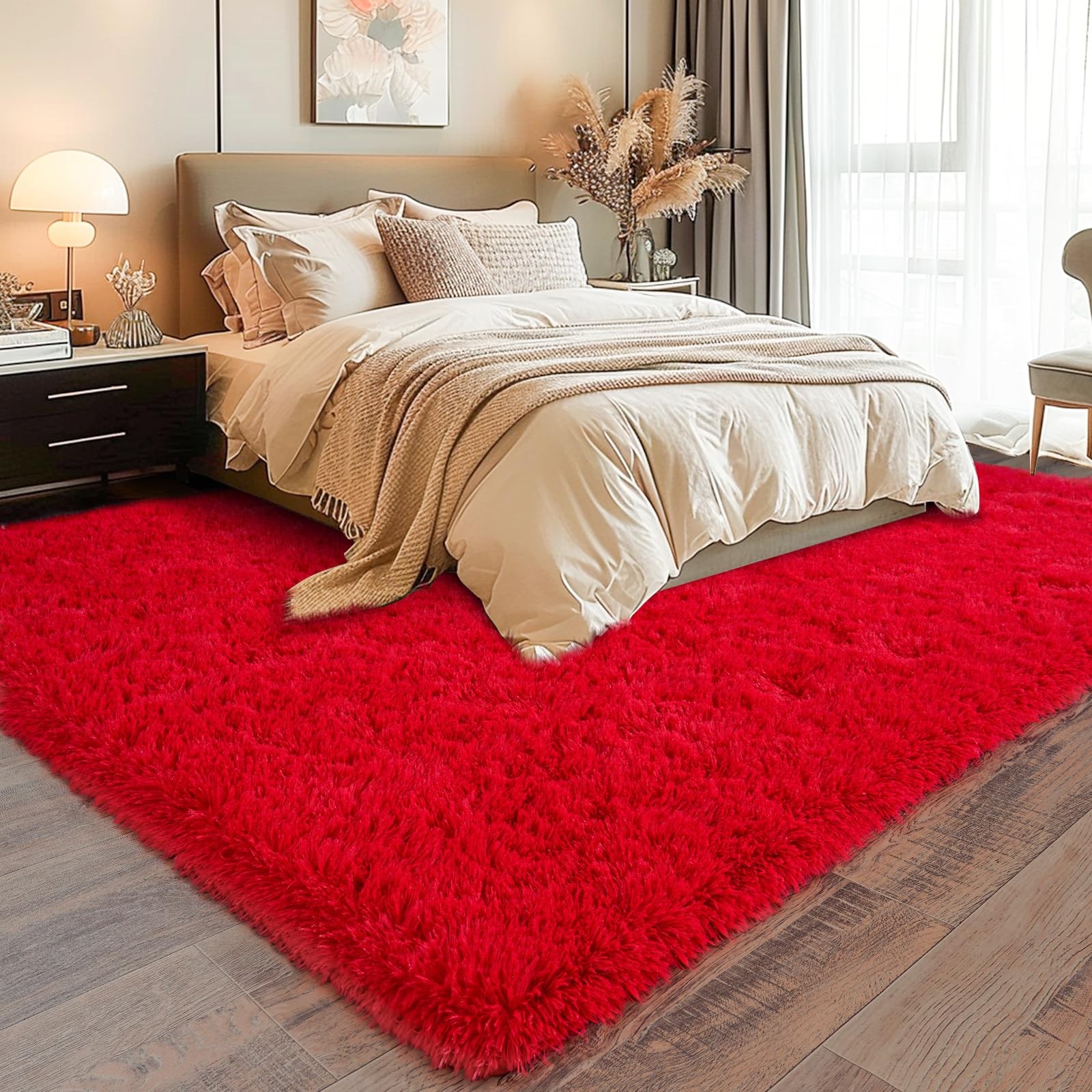 Dssimo Super Fluffy Rug for Bedroom, 4×6 Feet, Modern Shag Red Area Rugs, Soft a