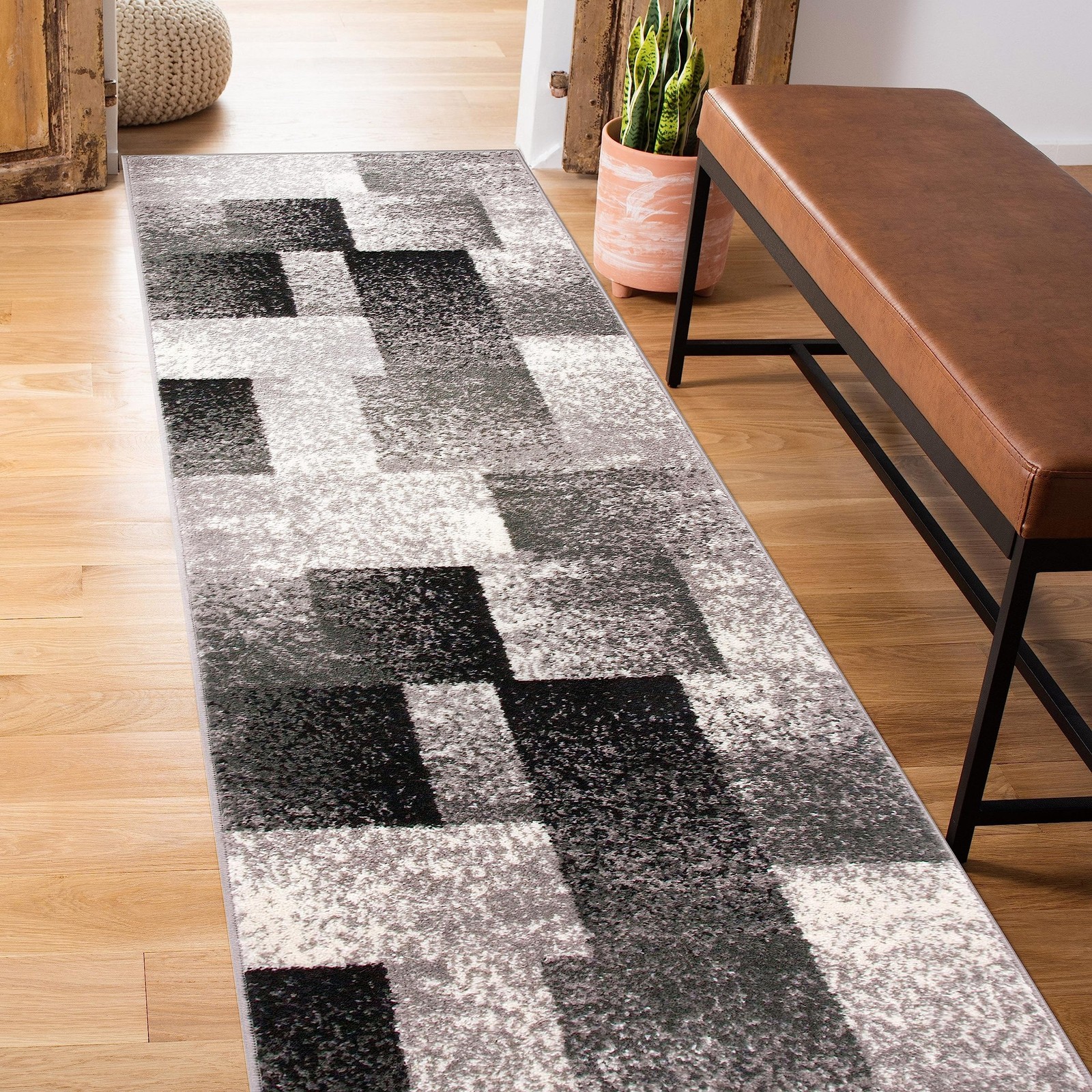 Gray Modern Distressed Boxes Non-Shedding Runner Rug, Durable Low-Maintenance…