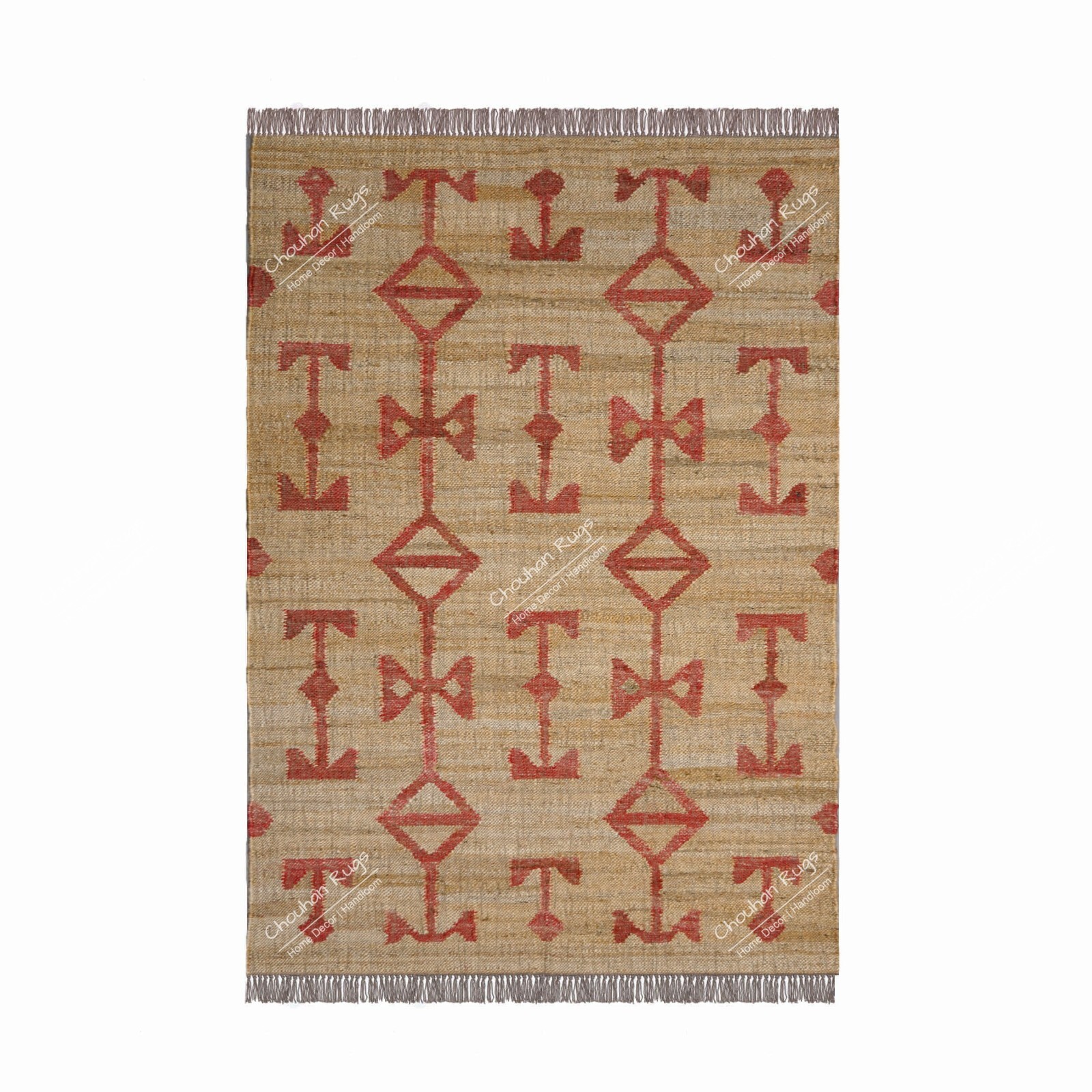 Handwoven Cotton Jute Rug Beige Rug With Red Design Rug Bohemian Home Décor Rug