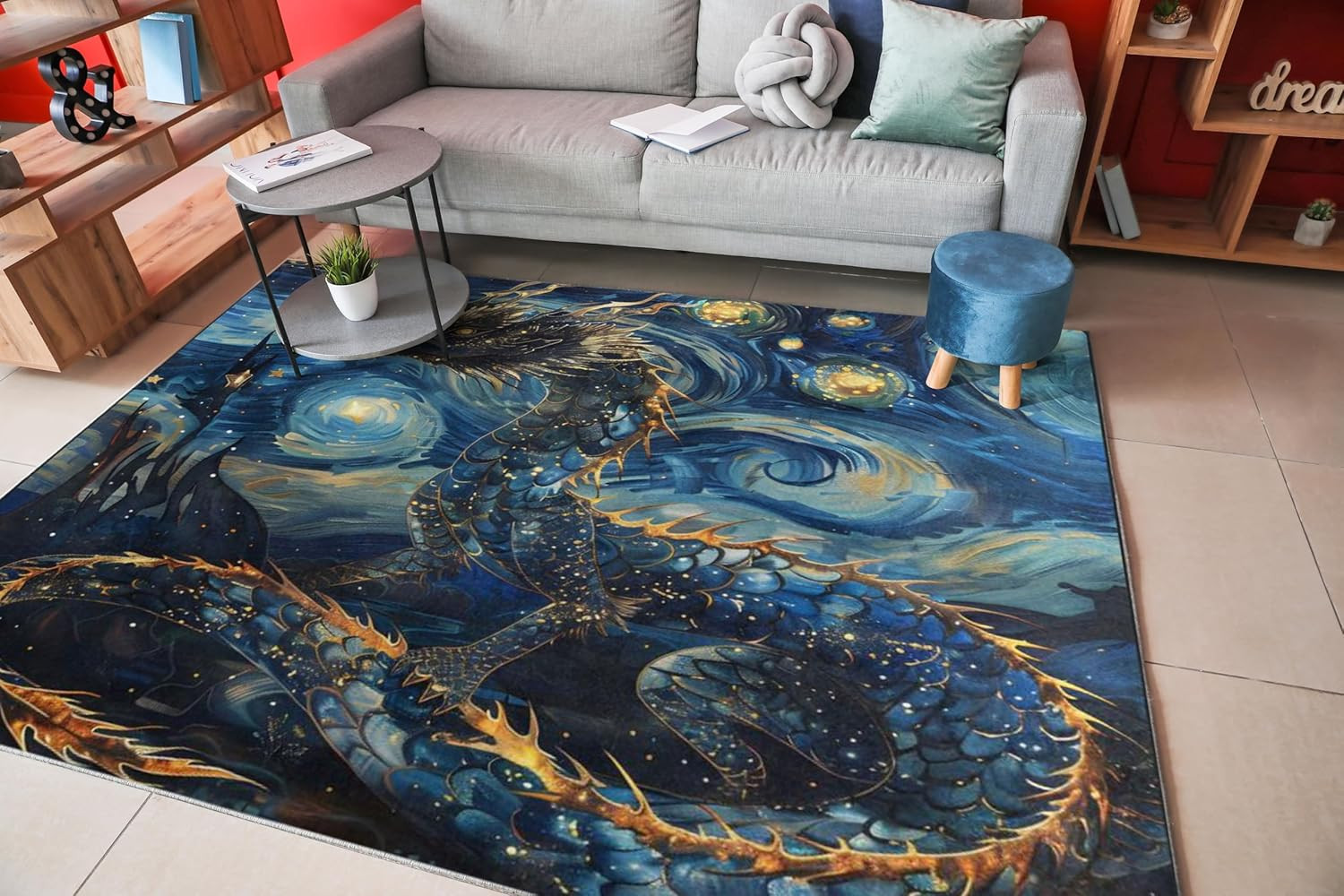 Starry Night Sky Dragon Non-Slip Area Rug for Modern Home 4’10” x 6’8