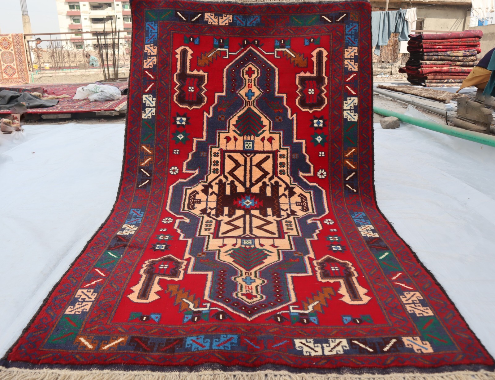 3×5 ft Afghan Rug/ Red Hand-Knotted 1960s Vintage/ Entry Way Rug/ Rug For Kids