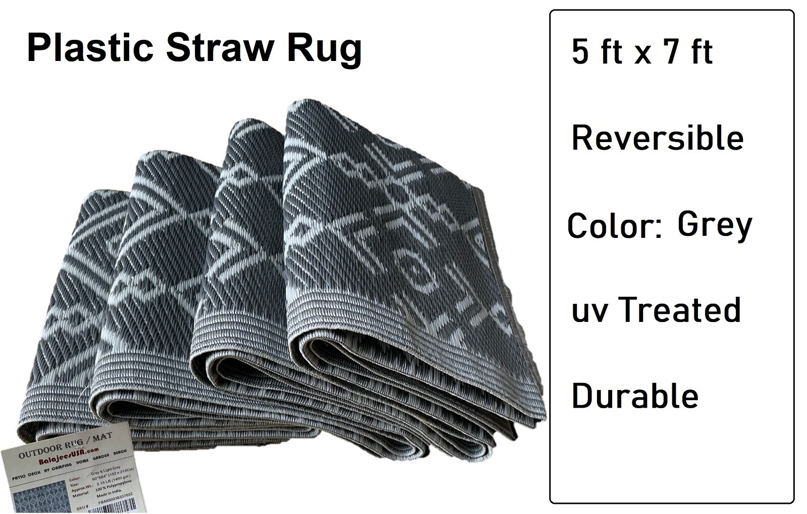 B-USA Outdoor Rug 5×7 6×9 9x18Plastic Straw Rug Patio RV Camping Waterproof Grey