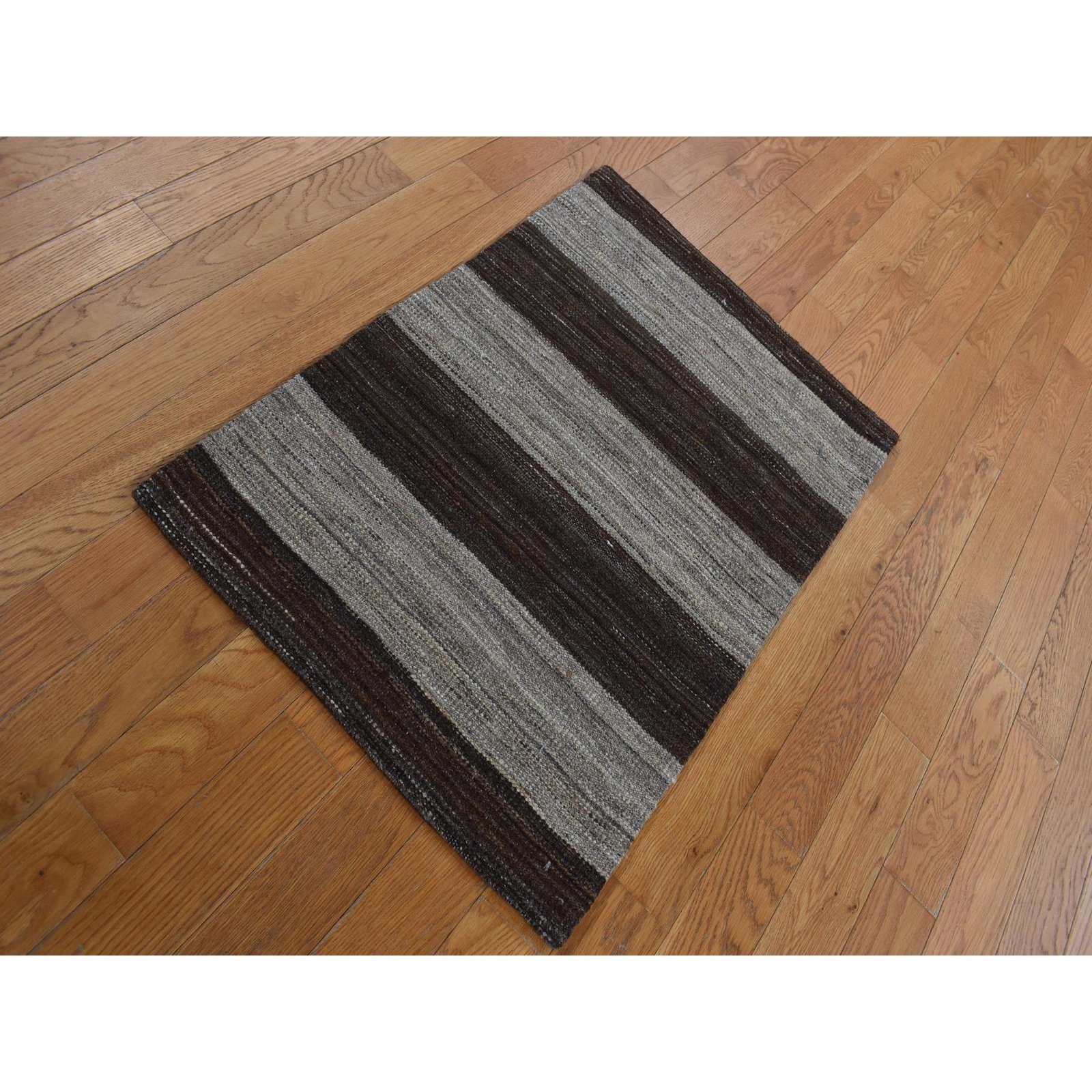 2′ x 3′ Brown Flat Weave Wide Stripe Design Wool Hand Woven Sample Rug R87798
