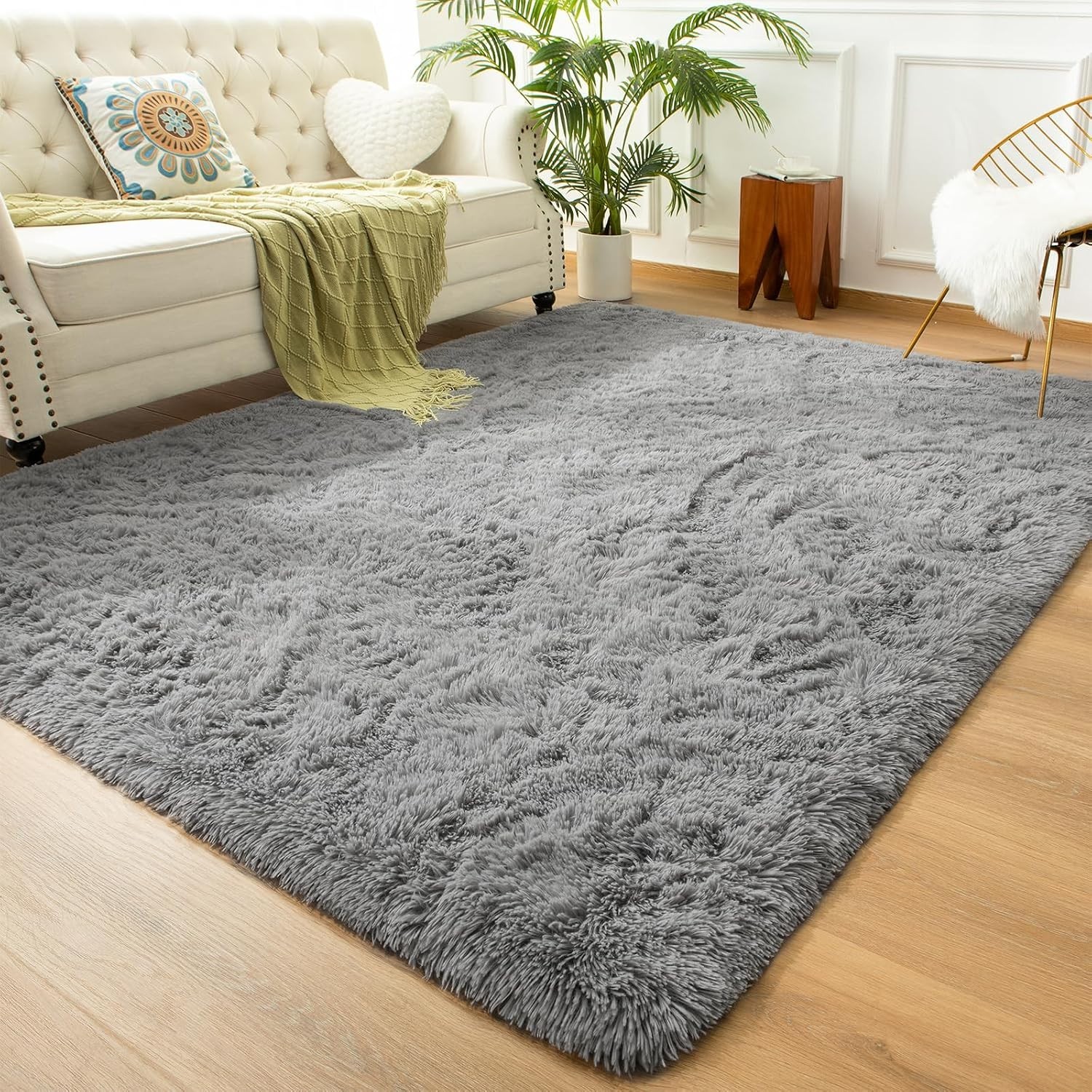 5×8 Feet Grey Shaggy Bedroom Rug – Non-Slip Plush Carpet for Kids & Living Room