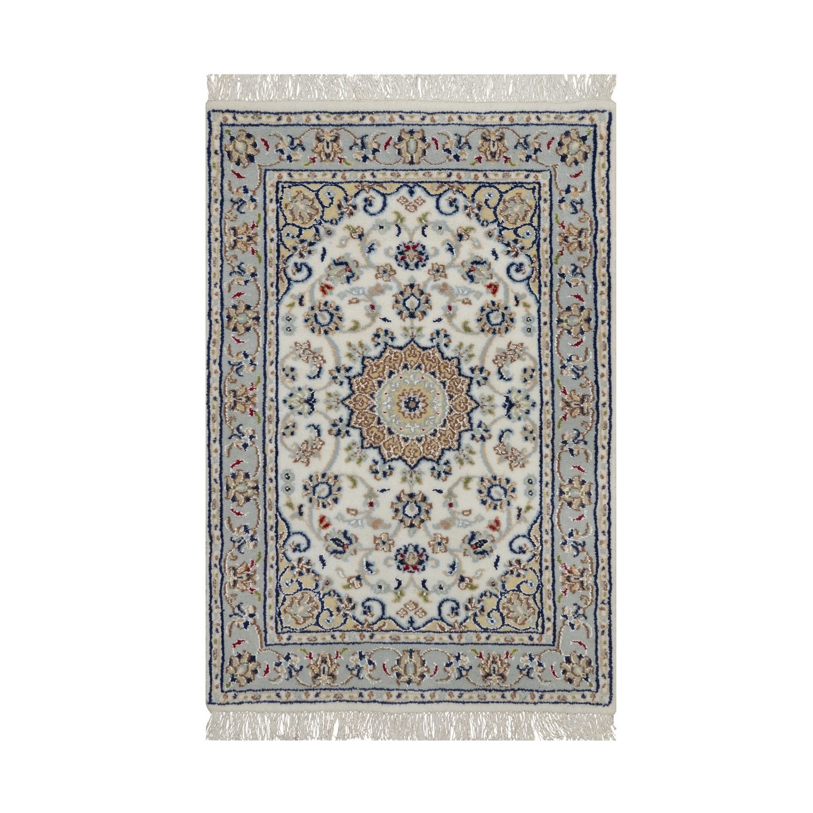 2’1″x3’2″ Ivory Nain with Flower Design Hand Knotted Wool & Silk Mat Rug 92123