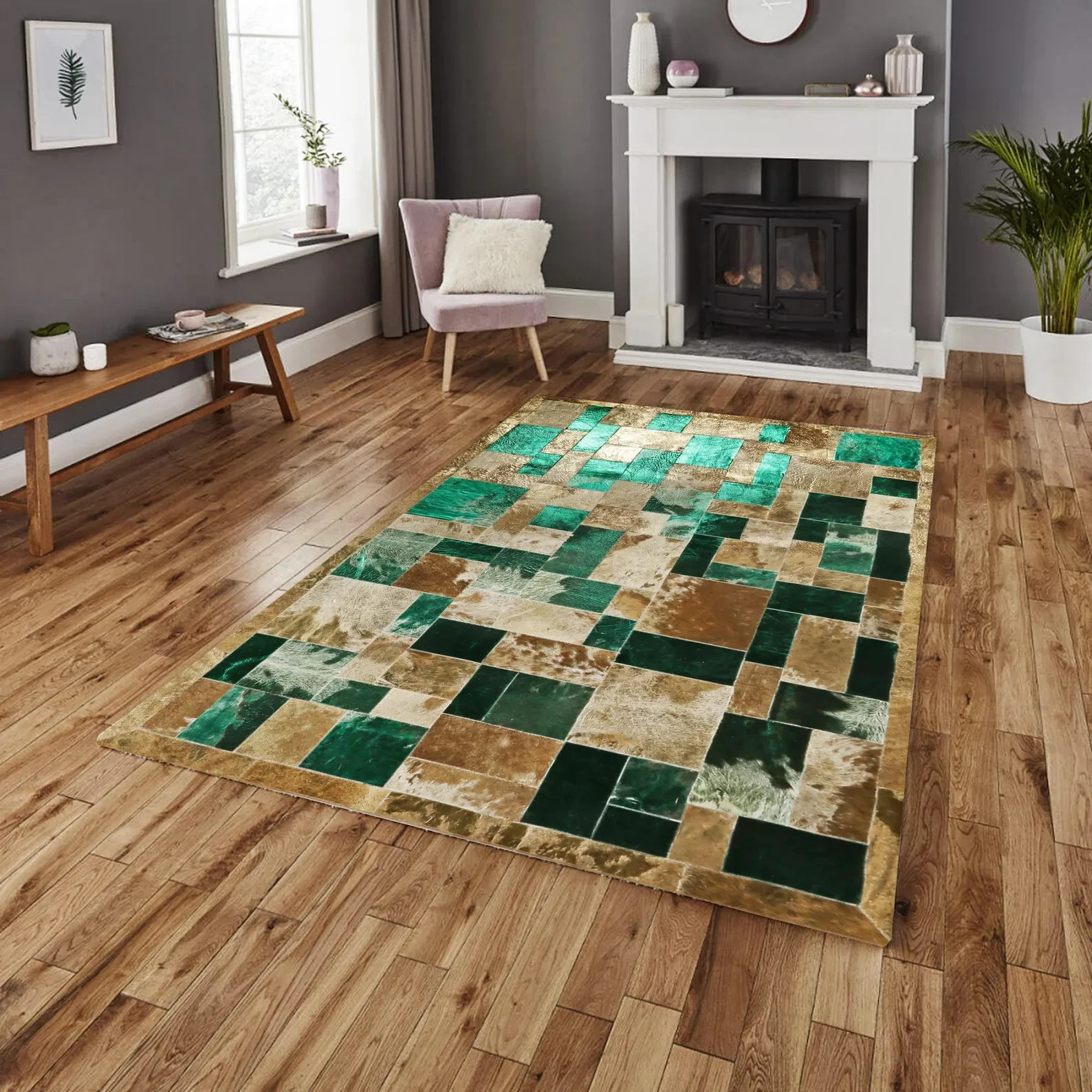 Handmade Green Patchwork Leather Area Rug | Modern Hair on Hide Living Room Carp