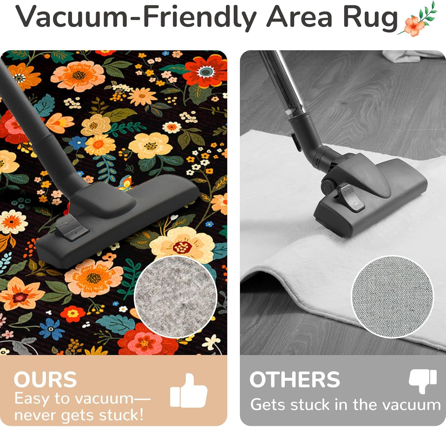 Floral 8×10 Area Rug – Machine Washable, Non-Slip, Vacuum-Friendly, Black