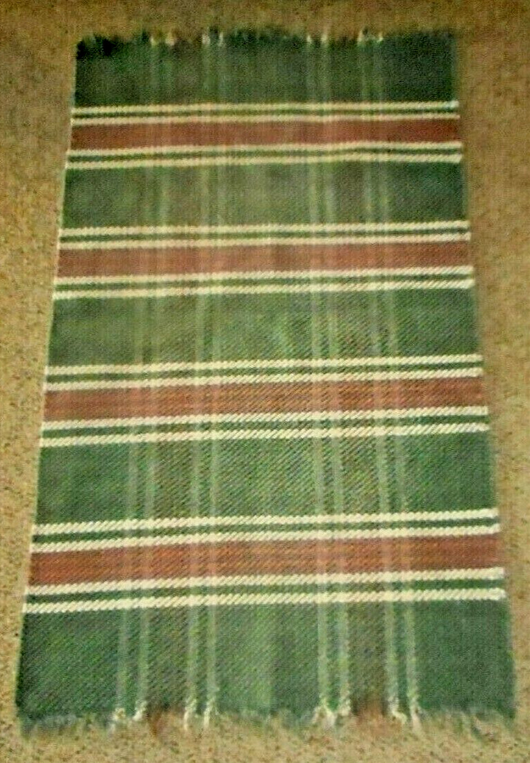 VTG. HAND BRAIDED COTTON RAG THROW RUG 27 1/2″ X 48″ REVERSIBLE WITH FRINGE