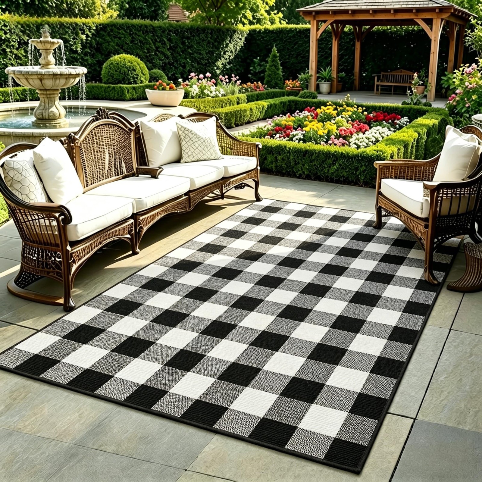 Buffalo Plaid Rug 4′ x 6′ Black and White Large Front Door Mat, Layering Area…