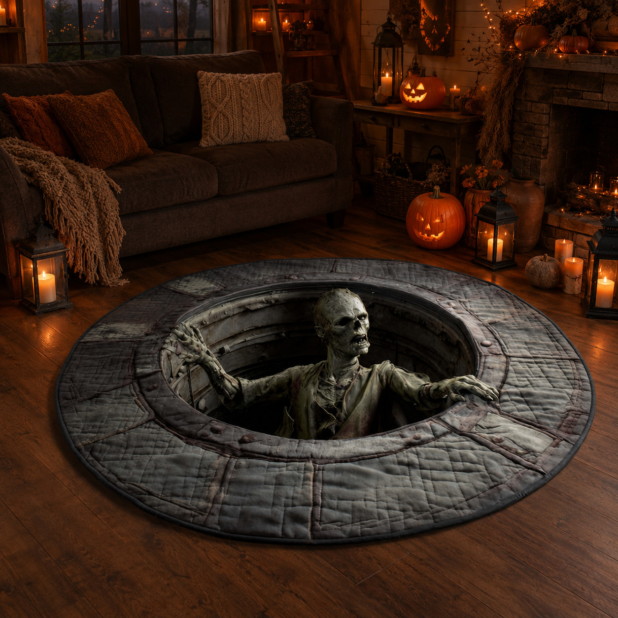 3D Skeleton Halloween Rug, Round Spooky Area Rug, Optical Illusion Floor Mat