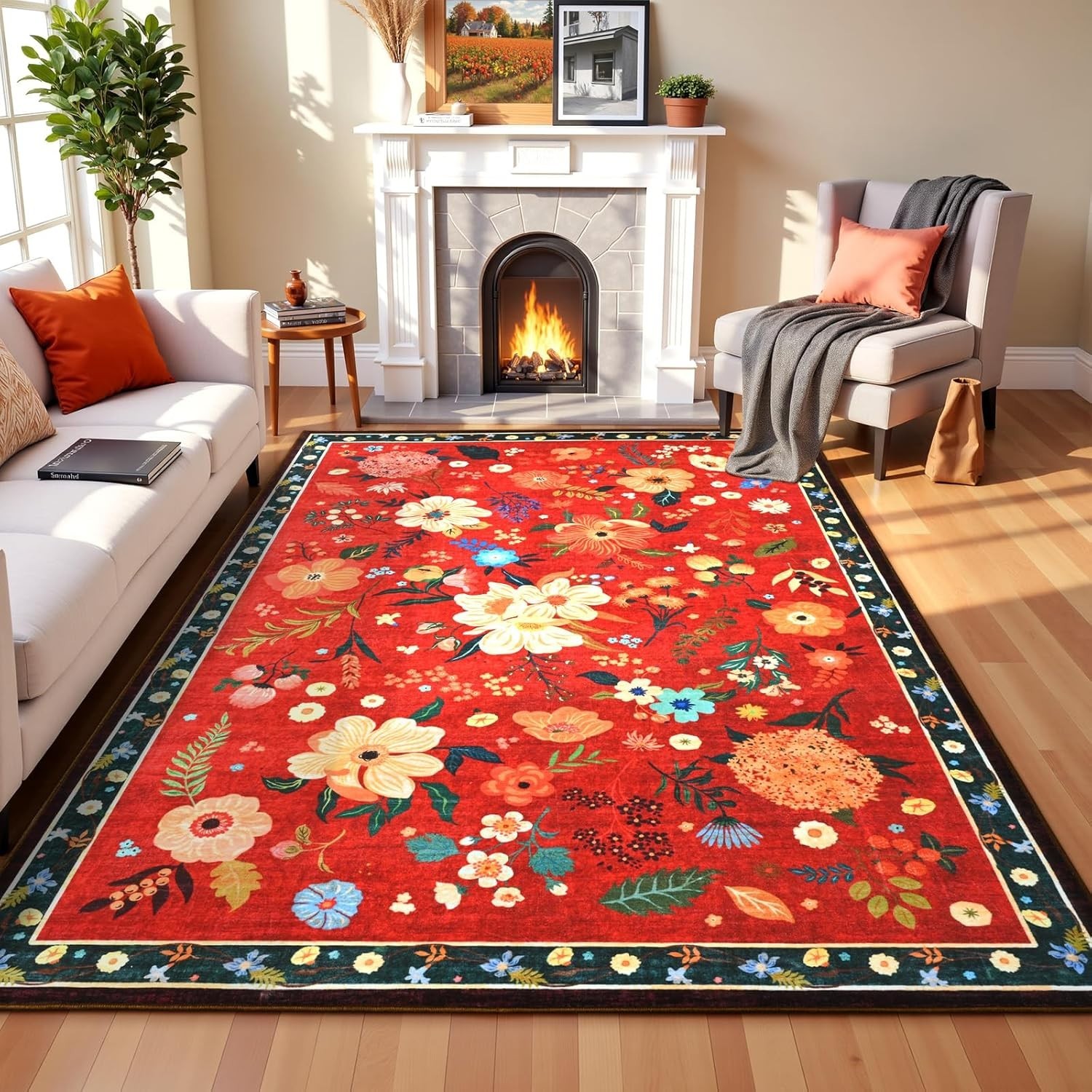 Floral Large Area Rug for Living Room, Washable 5×7 Red Christmas Rug Boho
