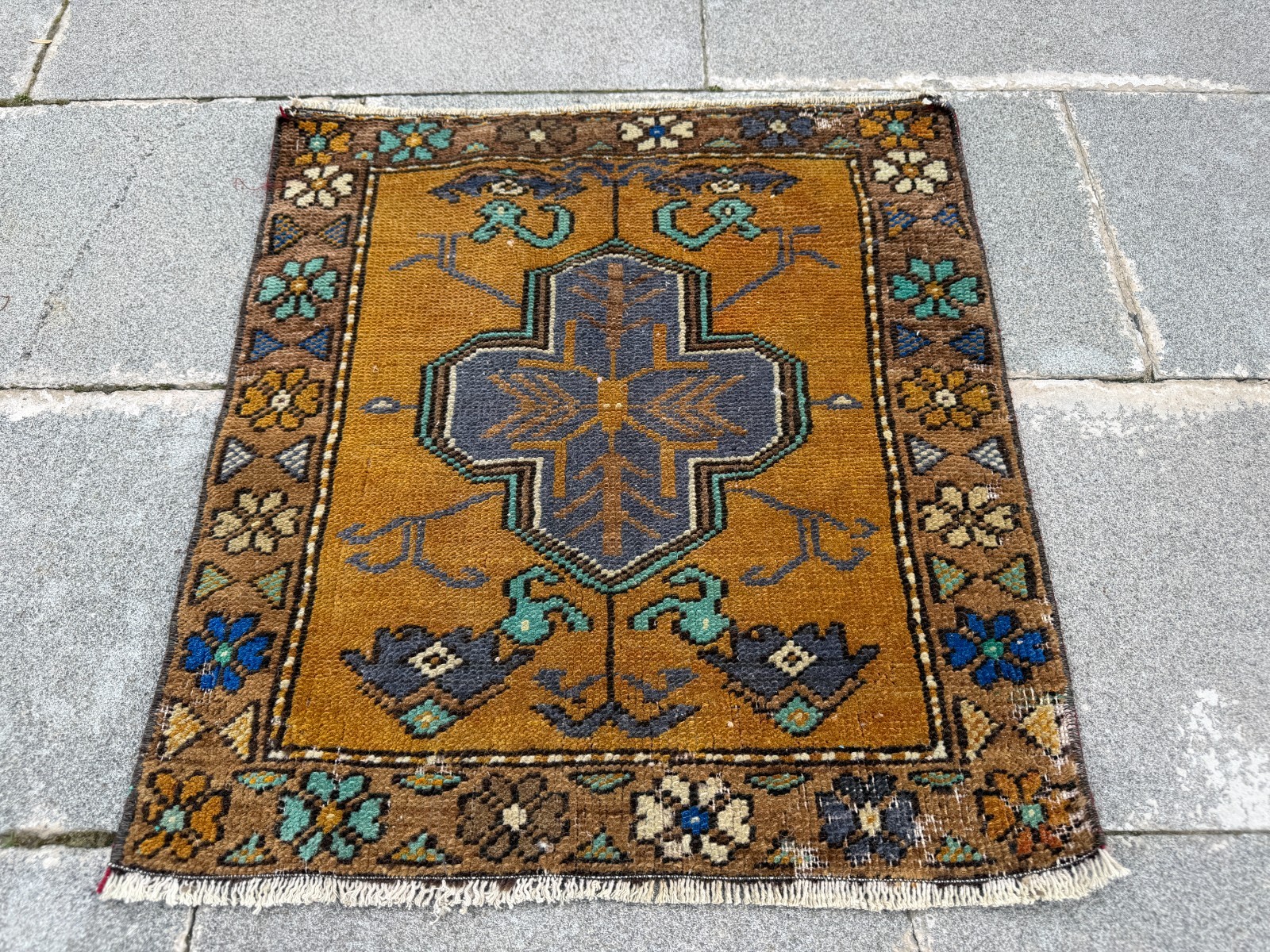 Vintage Oushak Rug 1.8×2 ft Mustard Yellow Turkish Boho Small Accent Rug