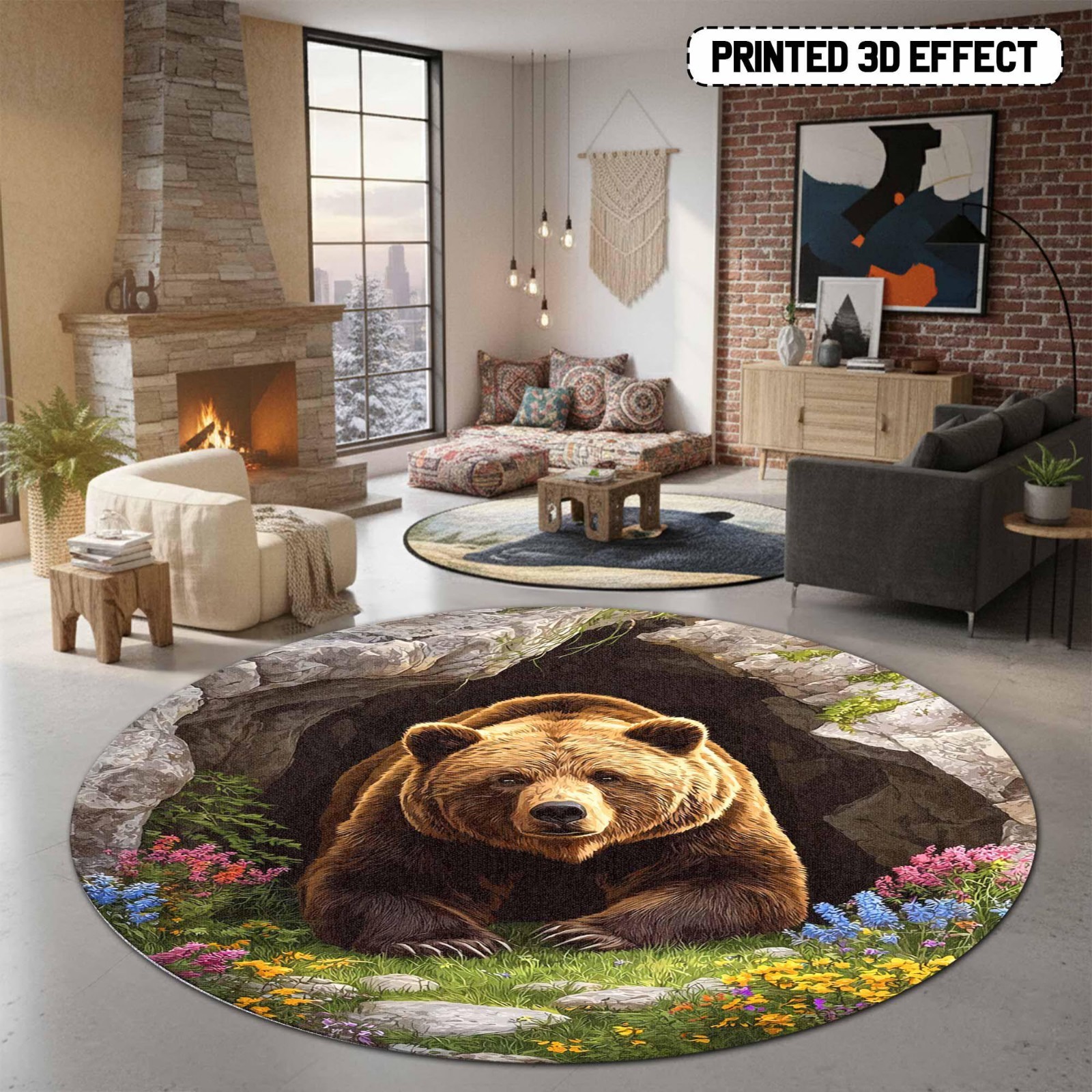 Grizzly Bear Round Floor Mat Woodland Wildlife Rug Rustic Cabin Lodge Decor Gift