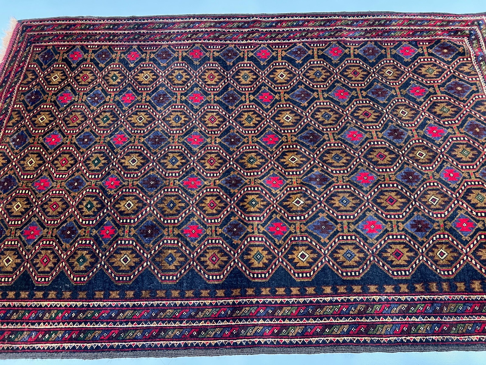 4×6 Vintage Baluchi Rug Hand-Knotted Afghan Wool Carpet with Tribal Gul Motifs
