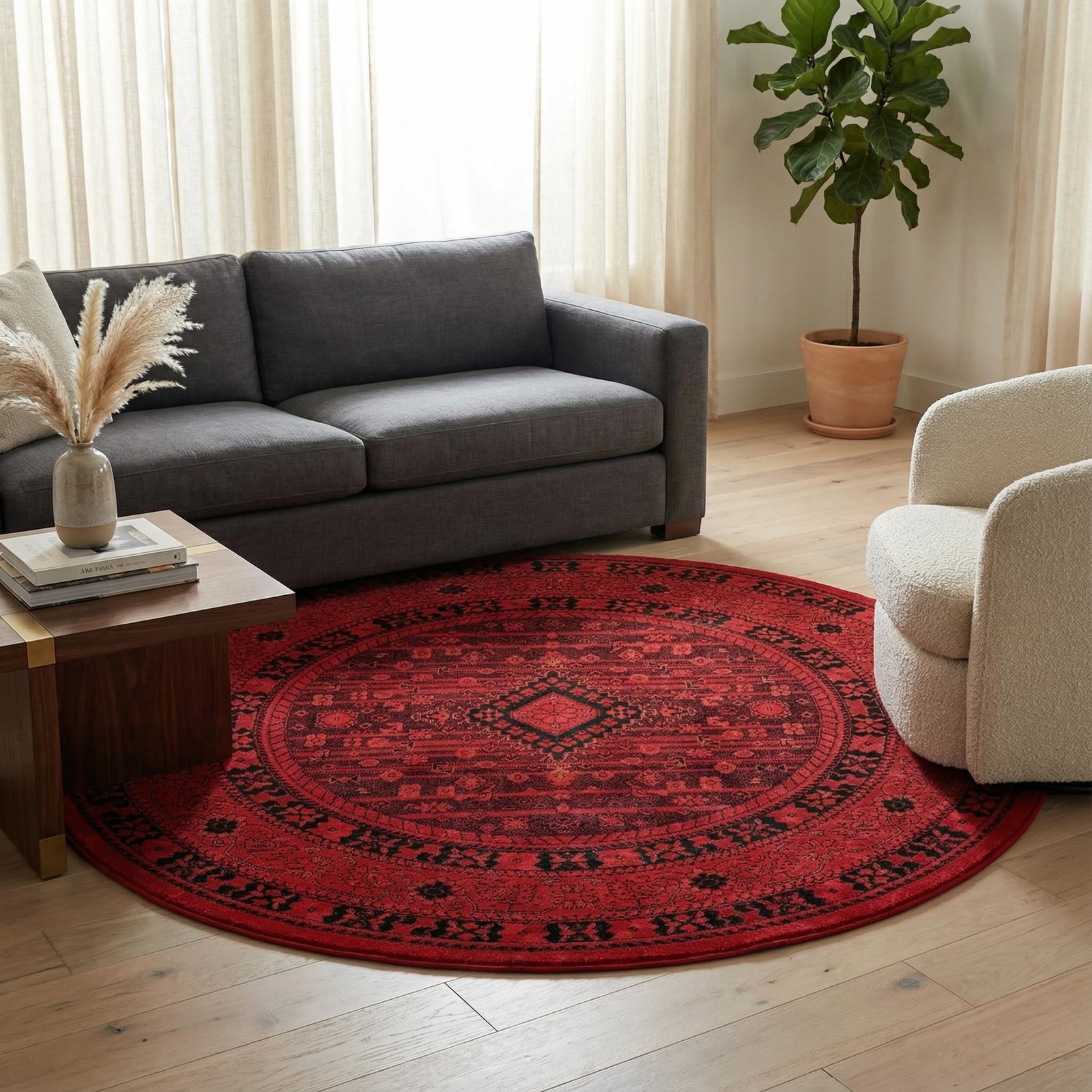 Unique Loom Tekke Collection Area Rug – Sheibani 5 Round Red/ Black 3154192