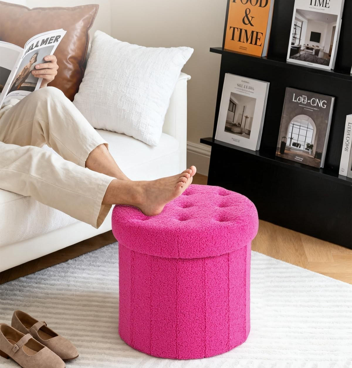Round Storage Ottoman Foot Stool and Poufs Ottoman, Teddy Velvet Ottoman Foot