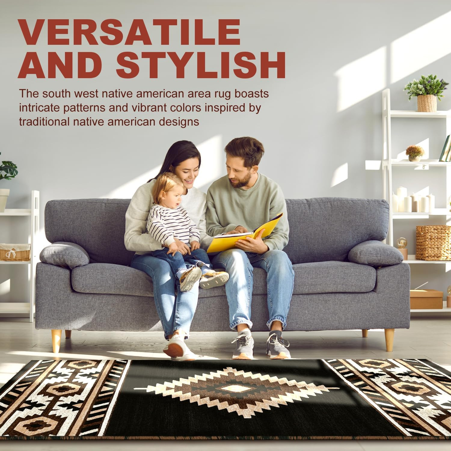 Southwestern Area Rug – anti Static & Washable – Black, 8 Ft X 10 Ft | Soft Nati