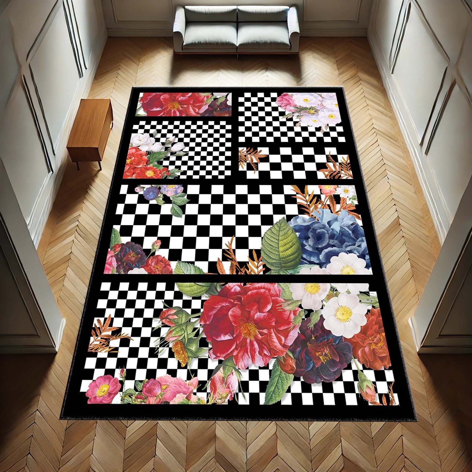 Checkered Floral Rug, Modern Flower Mat, Bold Pattern Carpet, Black White Decor