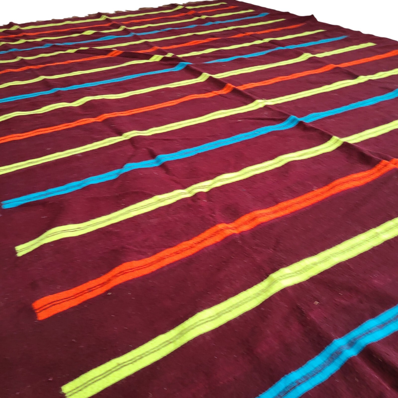 Vibrant Handmade Moroccan Rug Orange Blue Bands Yellow Berber Fringe Wool Carpet
