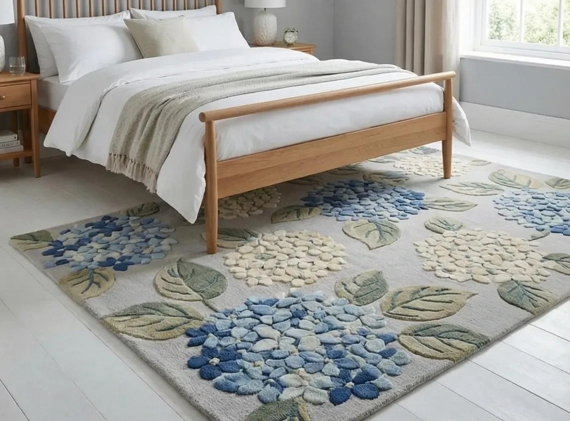 Hand-Tufted Wool Rug – Blue & Cream Hydrangea Floral Area Rug – Textured Carpet