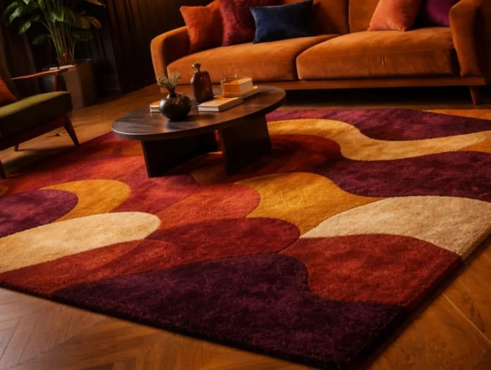 New Modern Patchwork Area Rug – Hand Tufted 70s Geometric Brunt Carpet