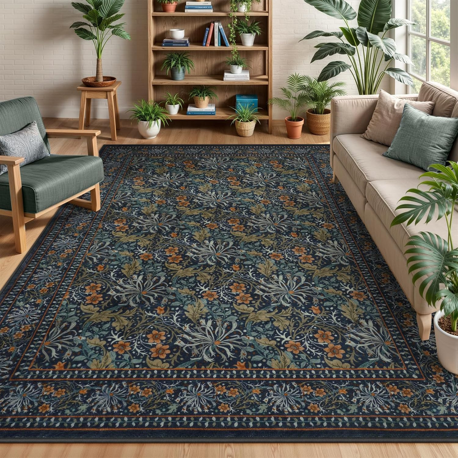 Vintage Floral Dark Green 8×10 Washable Area Rug for Living Room & Office