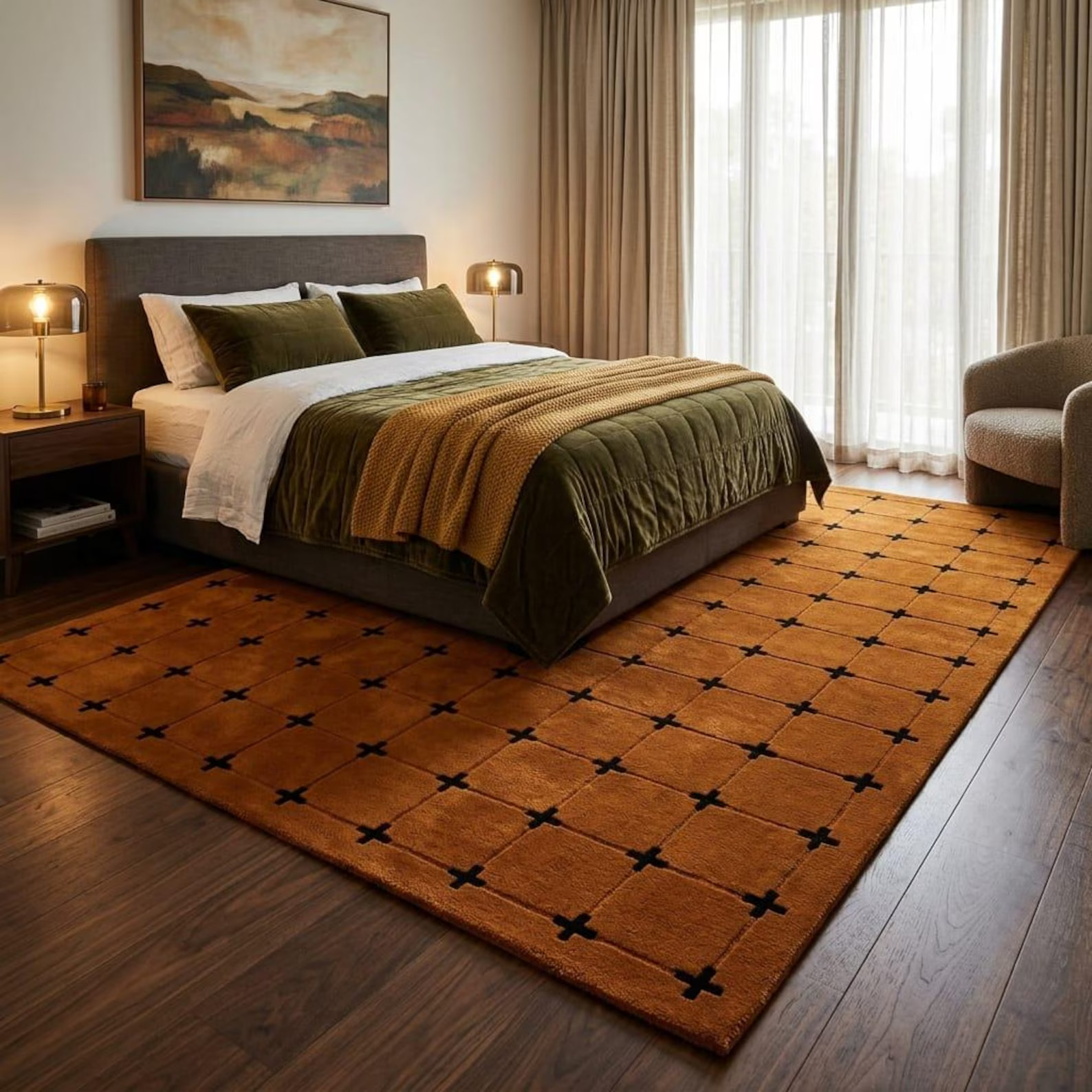 Handmade Tufted Wool Rug Terracotta Geometric Grid Area Rug Scandinavian Modern