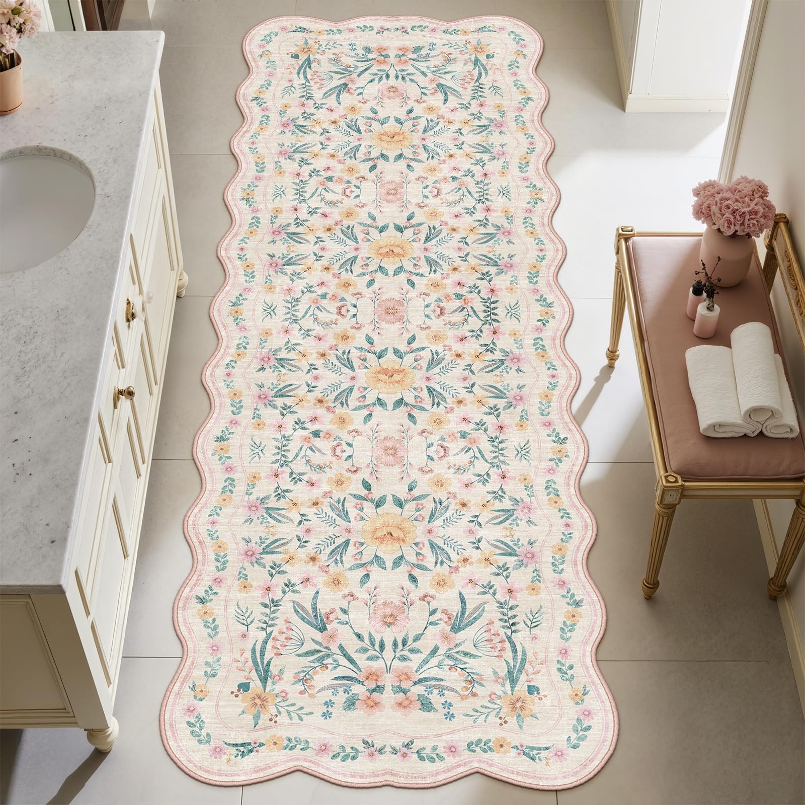 Dadasgk Scalloped Floral Runner Rug 2×6, Pink Washable Non-Slip Boho Hallway …