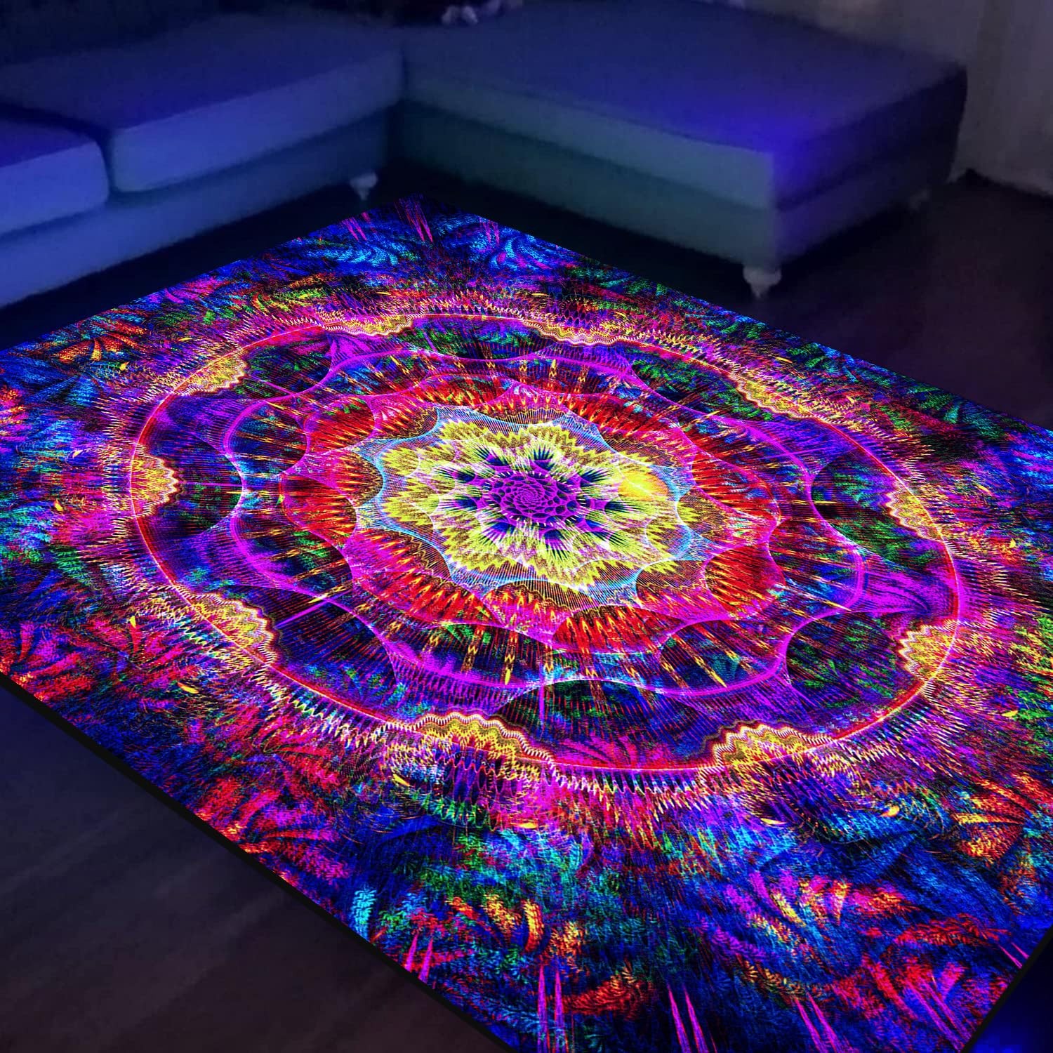 Trippy Mandala Area Rug Black Light,Large UV Reactive Glow in The Dark Boho N…