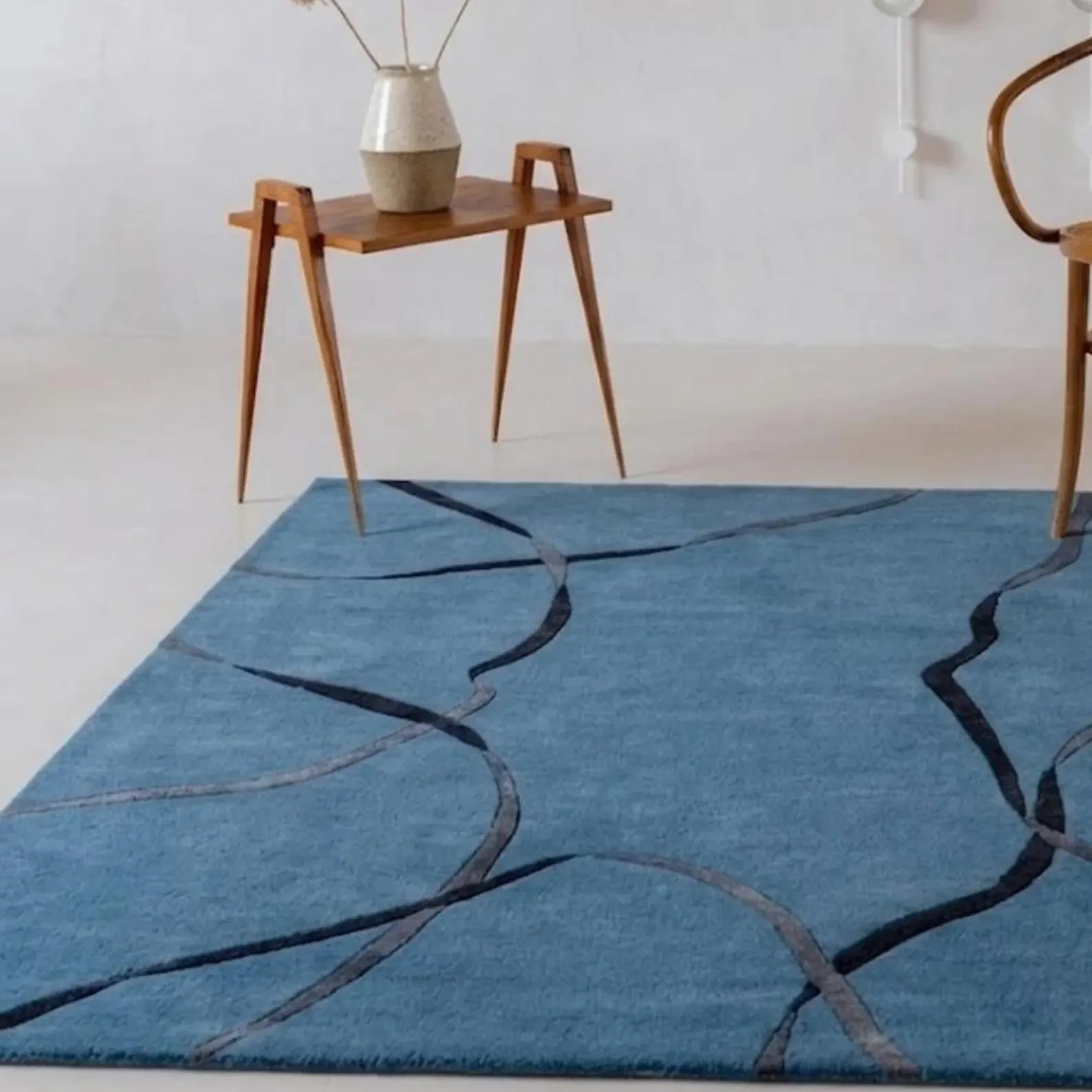 Modern Blue Abstract Rug – Hand Tufted Wool Area Rug, Minimalist Organic Line